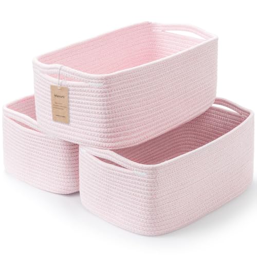 Maxuni 3-Pack Storage Baskets for Organizing - Woven Shelf Toy Basket - Rope Baskets for Gifts Empty - Closet Organizer Bins with Handles - Cube Decorative Box - 13.7??7.1??6.7??? - Mixed Pink