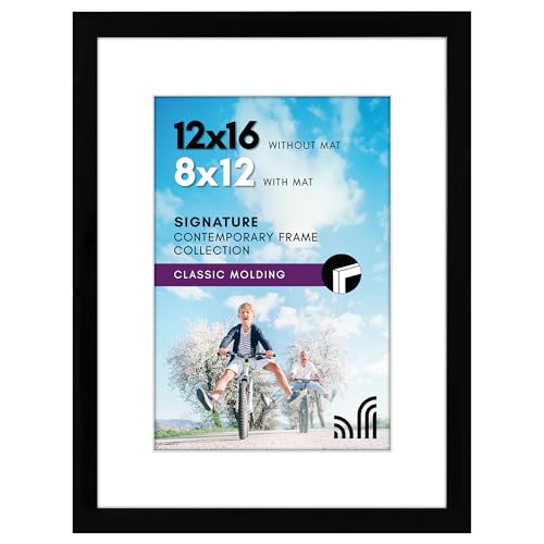 Americanflat 12x16 Picture Frame with Shatter-Resistant Glass - Use as 8x12 Frame with Mat or Display 12x16 Photo Without Mat - Signature Collection - Picture Frames for Wall Display - Black