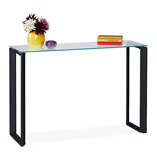 Relaxdays console table with glass tabletop, hallway sideboard, 110x35x75 cm (LxWxH), narrow side unit, metal, black
