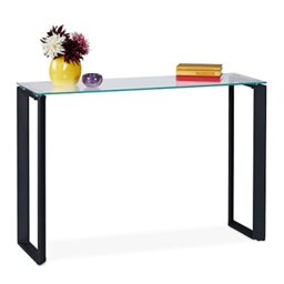 Relaxdays console table with glass tabletop, hallway sideboard, 110x35x75 cm (LxWxH), narrow side unit, metal, black