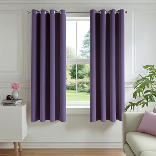 FMFUNCTEX 100% Blackout Purple Curtains 54 Inch Grommet Drapes 2 Panels - Black out Drapes, Thermal Insulated Noise Reducing, Textured Weave, Room Darkening, Window Curtain, for Living Room,Grommet