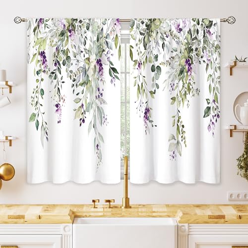 oolygoo Eucalyptus Botanical Leaves Purple Floral Kitchen Window Curtains Flower Plant Leaf Small Window Treatment Sage Green Cafe Short Curtains for Bathroom Treatment Tier Drapes 27.9x39 inch