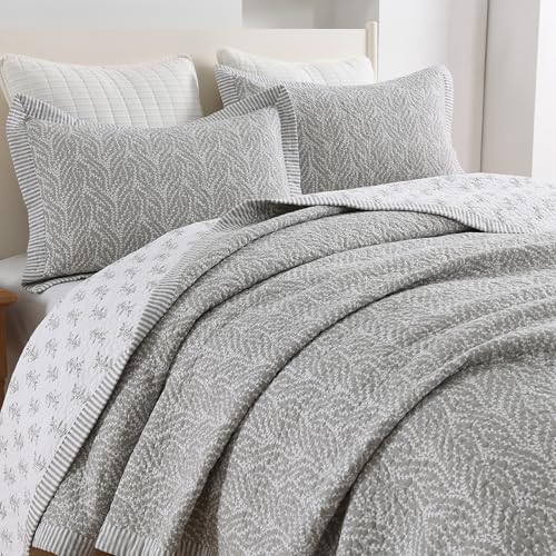 SahSahCasa Quilt Set King Size, 100% Cotton Quilt Bedding Set Bedspread, Botanical Pattern Solid Color Chic Lightweight Quilted Comforter for King Bed, White/Gray, All Season, 3 Pieces