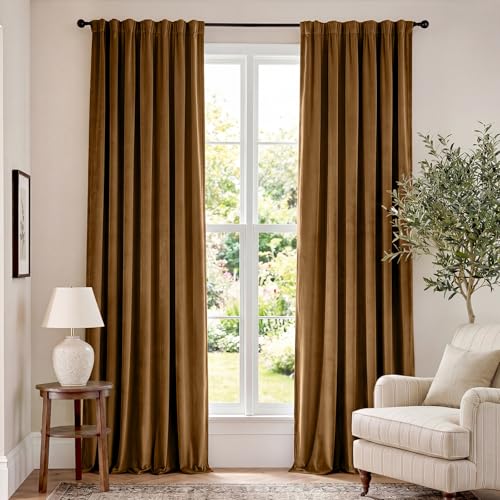 Lazzzy Velvet Blackout Curtains Thermal Insulated Curtains Room Darkening Super Soft Luxury Curtains for Bedroom Rod Pocket Window Drapes for Living Room 2 Panels 52 by 96 Inch Gold Brown