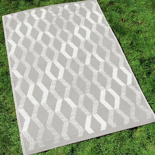 Fusion Beige Cream (120 x 170cm) Picnic Natural Taupe Beach Blanket-Geometric Outdoor Mat Patio/Balcony-Camping Garden Rug-Rico Collection, 100% Polypropylene,