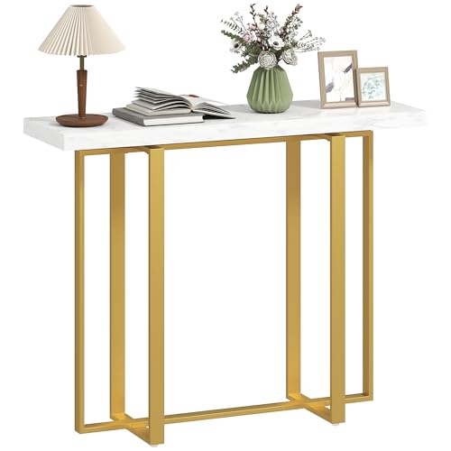 HOMCOM Console Table with Faux Marble Top, 100 cm Narrow Entryway Table with Anti-tipping Device, Steel Frame, Modern Slim Long Accent Sofa Side Hall Desk for Hallway, Living Room, White