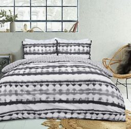 Sleepdown Tie Dye Geo Mono Black White Reversible Duvet Cover Quilt Tassel Pillow Cases Bedding Set Soft Easy Care - King (230cm x 220cm)