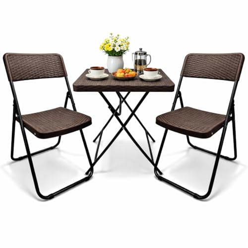 SUNMER Patio Bistro Garden Furniture Set - 3 Piece Rattan Effect Folding Table and Chairs - Heavy Duty Capacity, Weather Resistant Outdoor Seating for Garden, Balcony, Yard and Dining - Brown