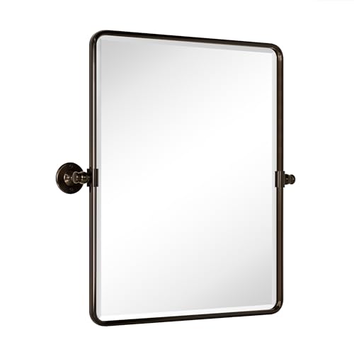 Farmhouse Oil Rubbed Bronze Metal Framed Pivot Rectangle Bathroom Mirror Rounded Rectangluar Tilting Beveled Vanity Mirrors for Wall, Overall 22.91 x 24 inches (Mirrror 19 x 24 inches)