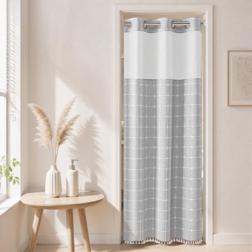 River Dream Grey Farmhouse Shower Curtain with Snap-in Liner, No Hooks Needed,with Magnets,with Tassels,Water Repellent&Machine Washable,36x74Inch