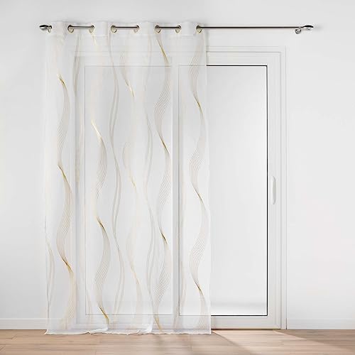 Douceur d'Intérieur, Elona Net Curtain with Eyelets 140 x 240 cm Gold Metallic Print Sandy Voile