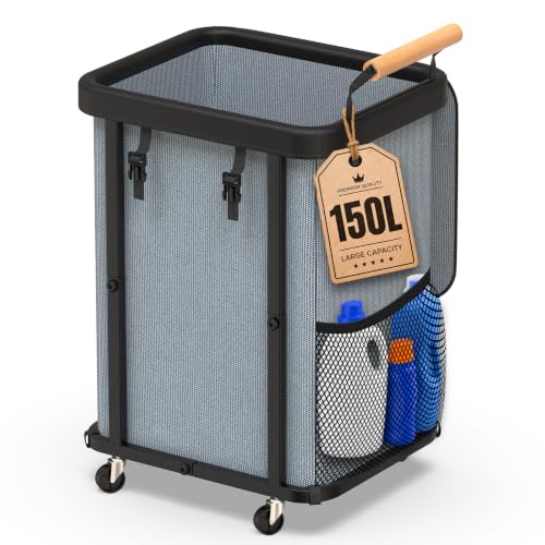 150L Laundry Basket with Wheels,Rolling Basket Hamper with Lid&Handle Gray - Laundry Organizer Storage Cart with Heavy Duty Sturdy Metal Frame for Home, Hotel, Laundry Room