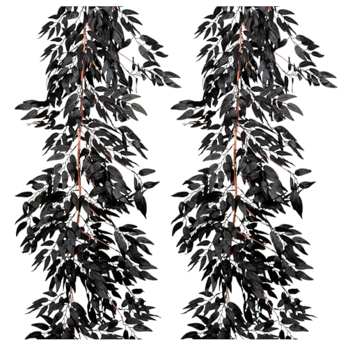 Artificial Hanging Willow Vine Twigs, 2Pcs 5.8 FT Halloween Fake Garland Willow Leaves Ivy Plants, Black Silk Faux Greenery Plant for Garden Wedding Birthday Thanksgiving Decor Home Party