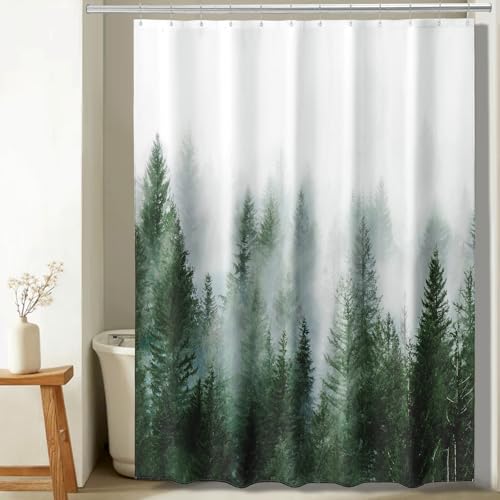 ORTIGIA Green Misty Forest Shower Curtains,Nature Woodland Shower Curtain,Fantasy Fog Magic Tree Bath Curtain for Bathroom,Fall Shower Curtain,Waterproof Polyester Fabric-72 Wx84 L-with Hooks
