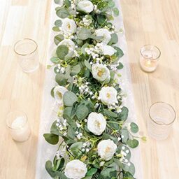 TOCHGREEN 2 Pack 13Ft Artificial Eucalyptus Flower Garland with White Roses, Fake Rose Flower Greenery Garland Floral Gypsophila Vines for Wedding Decoration Home Party Table Runner Decor (2PCS)