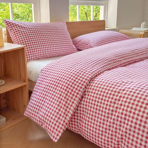 NSNLGSGC Red Gingham Grid Duvet Cover Set King, 100% Washed Cotton Plaid Comforter Cover Set,Ultra-Soft & Lightweight Cottage Bedding Set(3PCS, King)