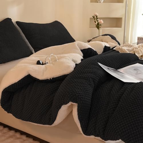 "LLanCL 3D Jacquard Design Comforter Set, Ultra-Soft Warm Queen Size Sherpa Fur Plush 3-Pieces Sets Luxury Cozy Bedding with 2 Pillowcases (90""x90"", Black)"