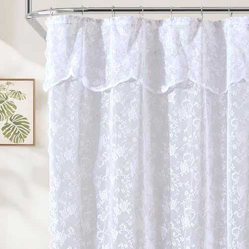 HLC.ME Harper Lace Shower Curtain for Bathroom with Floral Vine Design and Attached Valance ??? Elegant Victorian Classic Style (White, 72 x 72 Inch)