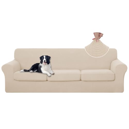 U-NICE HOME 4 Pieces Oversized Stretch Couch Cover Sofa Cover Washable Slipcover with Individual Seat Cushion for 3 Cushion Couch Sofa Pet Friendly(Oversized Sofa, Beige)