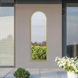 "MirrorOutlet The Arcus - Gold Metal Framed Modern Arched Garden Wall Leaner Mirror 63"" X 21"" (160CM X 53CM) Silver Mirror Glass with Black All weather Backing"