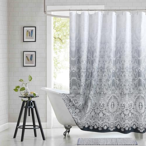 "BESTRIPES Extra Long Shower Curtain - Chantilly Lace Design, Heavyweight Polyester, Dark Gray to White Ombre, 72"" W x 84"" H"