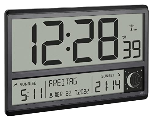 TFA Dostmann Digital XL Radio Controlled Wall Clock with Sunrise and Sunset Alarm Large Digits Moon Phase Silent Black 60.4524.01