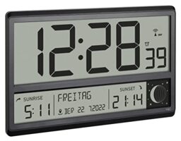 TFA Dostmann Digital XL Radio Controlled Wall Clock with Sunrise and Sunset Alarm Large Digits Moon Phase Silent Black 60.4524.01