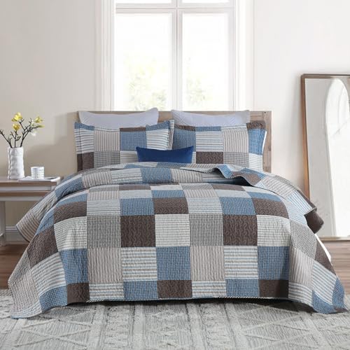 PANGUSHAN 100% Cotton Quilt Set King Size, Patchwork Plaid King Quilt Bedding Set Bedspreads, Farmhouse Lightweight Comforter Reversible Quilt, Blue/Brown, 3 Pieces
