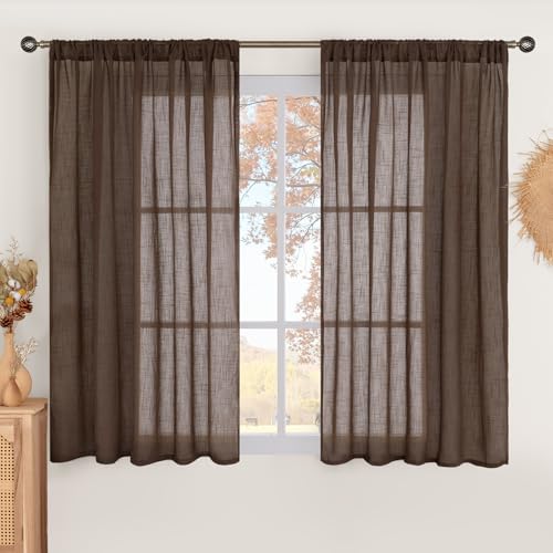 BGment Curtains 48 Inch Length for Short Window, Brown Linen Sheer Drapes for Bedroom Kitchen Cafe Bathroom Decor Lightweight Rustic Country Textured Rod Pocket, 2 Panels Set, Each 42 Inch Wide