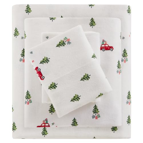 "WOOLRICH Cotton Sheet Set Cottage Charms Print, 100% Cotton Flannel Sheets Warm & Fuzzy Bedding Set King Size Sheets, Fitted Pocket Fits Up to 14"" Mattress, King Green Tree Trip 4 Piece"