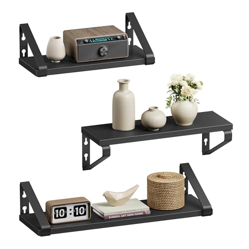 VASAGLE Wall Shelves, Floating Shelves Wall Mounted, Set of 3, 2 Mounting Ways, 30/35/40 cm, for Living Room, Bathroom, Kitchen, Ink Black and Matte Black LWS033B10
