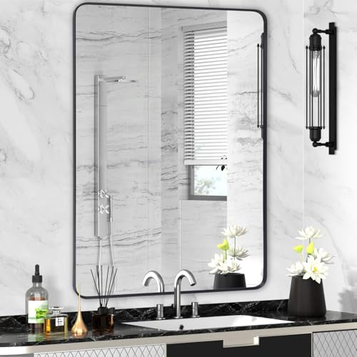 "Minuover Black Metal Framed Bathroom Mirror for Wall, Large Brushed Matte Black Rounded Corner Rectangular Bathroom Vanity Mirror, Anti-Rust, Tempered Glass (28"" x 36"", Black)"
