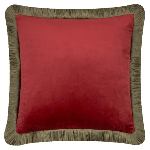 furn. Halo Fringed Velvet Polyester Filled Cushion (Red/Green - 50x50cm) - Soft Colour Block Contrasting Trim Luxury Decorative Pillow