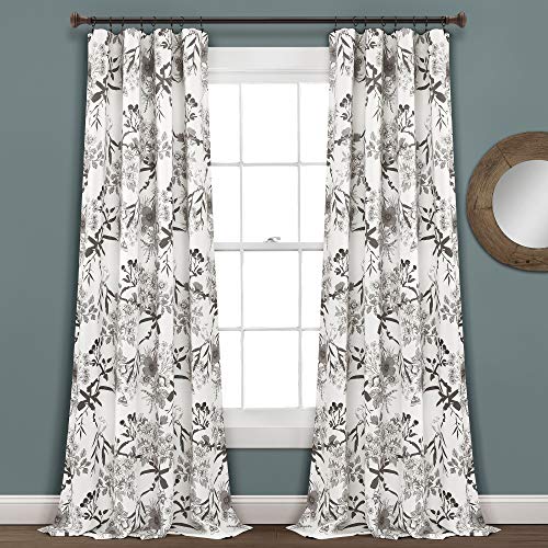 "Lush Decor, Gray and White Botanical Garden Curtains Floral Bird Print Room Darkening Window Panel Drapes Set for Living, Dining, Bedroom (Pair), 95"" x 52"", 95 in x 52"