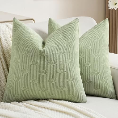 FUTEI Pea Green Chenille Decorative Throw Pillow Covers 16x16 Inch Set of 2,Soft Cozy Striped Geometric Patterns Cushion Case,Modern Home Decor for Couch Bed Living Room