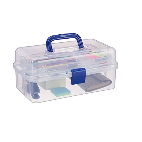Relaxdays Transparent Plastic Storage Box, 9 Compartments for Small Tools, Press Lock, HWD 14x33x19 cm, Blue