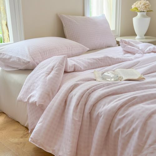 NSNLGSGC 100% Cotton Pink Gingham Plaid Comforter Set, Queen - 100% Washed Cotton, Pink Plaid Checked, 3 Pieces, Vintage Farmhouse Grid Bedding