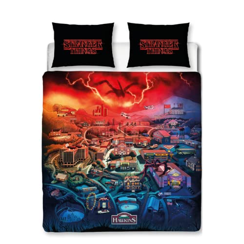 Stranger Things Character World Official Double Duvet Cover - Hawkins Town Map Design, Reversible Easy Care Bedding 2 sided Duvet Quilt Set with Matching Pillow Cases, Multicolour Print