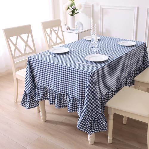 K MASANIJI Navy Blue White Gingham Ruffle Table Cloth Rectangular 120???x60 - 100% Washed Cotton, Seat 8-10, Buffet Picnic Baby Shower Party Table Cloth, Decorative Checker Plaid Farmhouse Table Cover
