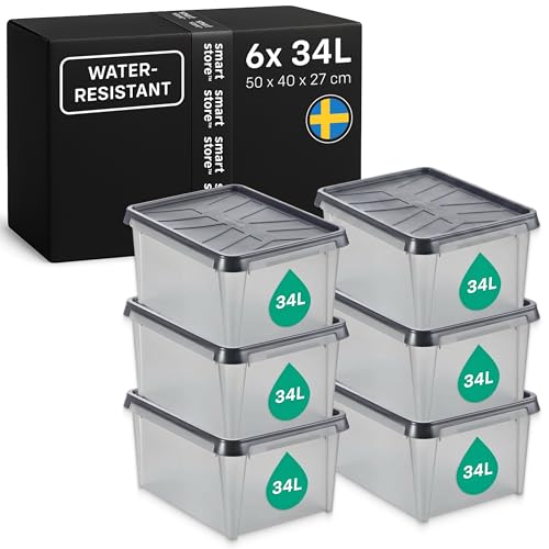 SmartStore Waterproof Plastic Storage Box with Lid 6x 34L, 50x40x27cm - Stackable & nestable boxes for cellar, garage, loft & camping, dustproof containers, clear and food safe