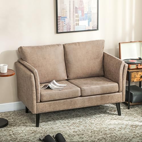 HOMCOM 2 Seater Sofa, Modern Small Sofa with Thicken Cushion, High-Resilience Foam, Rubber Wood Legs, Leathaire Upholstered Loveseat Settee for Living Room, Bedroom, Home Office, Light Brown