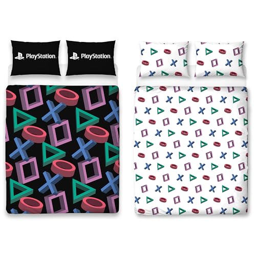 Character World Official PlayStation Double Duvet Cover Set - Abstract Design Reversible 2 Sided Bedding Including Matching Pillow Cases - Gaming Black Double Bed Set