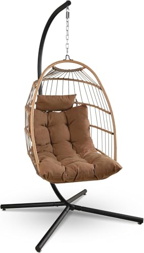 SereneLife Foldable Egg Chair, Rattan Wicker Hanging Swing Chair with Stand, Waterproof Cushion & Headrest, Indoor Outdoor Garden Patio Porch Bedroom Lounge Furniture, Brown