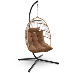 SereneLife Hanging Egg Chair with Stand - Wicker Rattan Outdoor Swing Chair, Powder-Coated Steel Frame, Padded Cushion & Headrest - Ideal Swinging Chair for Bedroom, Patio, Backyard - 350 lbs Load