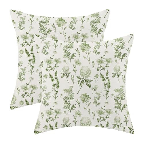 AEIOAE Sage Green Spring Pillow Covers 20x20 Inch Set of 2, Wild Flower Leaves Plant Throw Pillows Case,Seasonal Floral Outdoor Decorative Farmhouse Decor Cushion Covers for Home Sofa Bed Couch