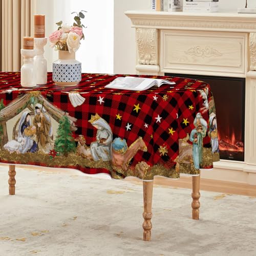 Horaldaily Christmas Tablecloth 60??84 Inch Oval, Holy Nativity Red Buffalo Plaid Washable Table Cover for Party Picnic Dinner Decor