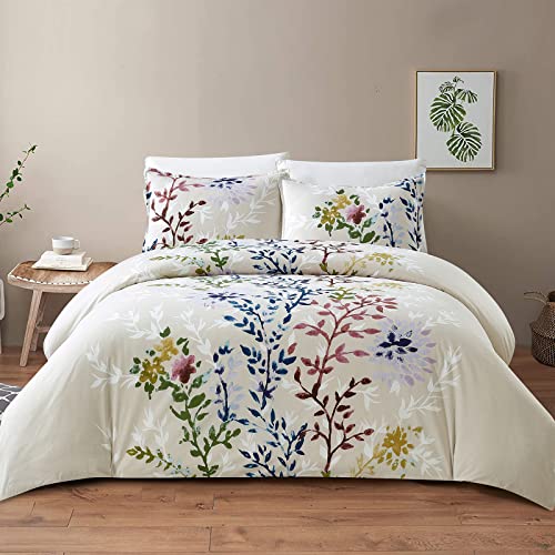 Style Quarters Dahlia Lane 3pc Duvet Cover Set - Multi-Color Floral Stems with White Leafy Silhouettes - 100% Cotton - Machine Washable - Includes 1 Duvet Cover + 2 Shams (King)