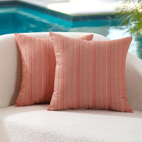 VAKADO Outdoor Chenille Pillow Covers 20x20 Set of 2,Waterproof UV Fade Resistant Stripe Patio Pillow Cushion Covers for Furniture Decorative Porch Couch Throw Pillow Cases for Garden Bench Orange