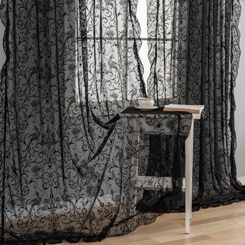 TUDECO Black Sheer Curtains 84 Inches Long - Shabby Chic Knitted Floral Lace Curtains Privacy Goth/Witchy Dark Window Curtains for Living Room Rod Pocket French Decor 1 Pair, 59 x 84 Inch