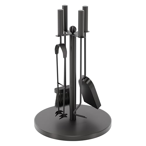 Fire Vida 5 Piece Warwick Fireplace Companion Set – Black Iron Fireside Tool Kit with Stand – Includes Poker, Tongs, Shovel & Brush – Ideal for Wood Burners, Fire Pits & Coal Stoves